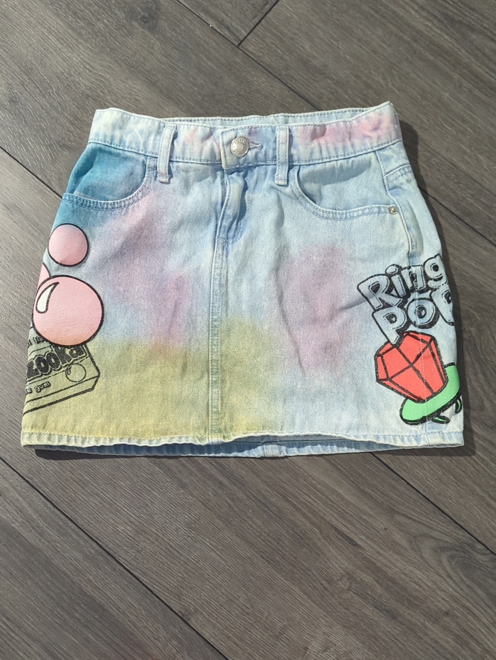 Justice Pastel Tie-Dye Denim Skirt with Bazooka And Ring Pop Graphics